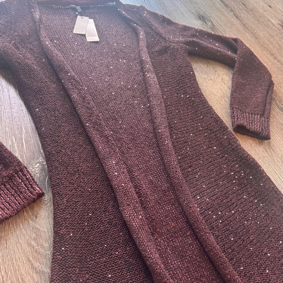 White House Black Market “Sequin Duster” Deep Burgundy Long Cardigan Sweater - Picture 3 of 8